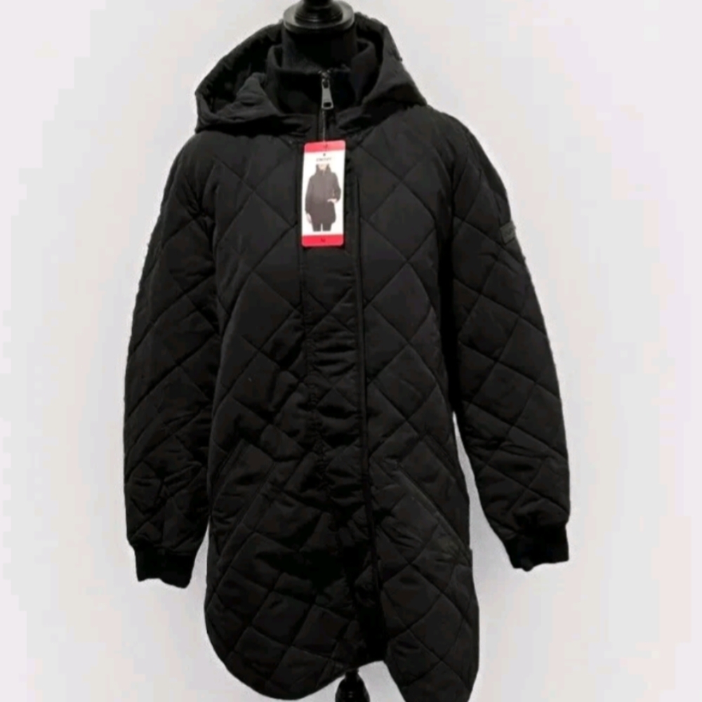 Elegant Black Quilted Hooded Coat